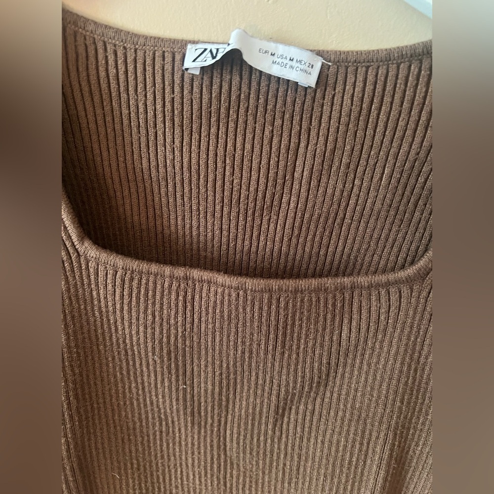 Zara brown square neck knit sweater top size medium fitted bohemian puff sleeve - Picture 6 of 14
